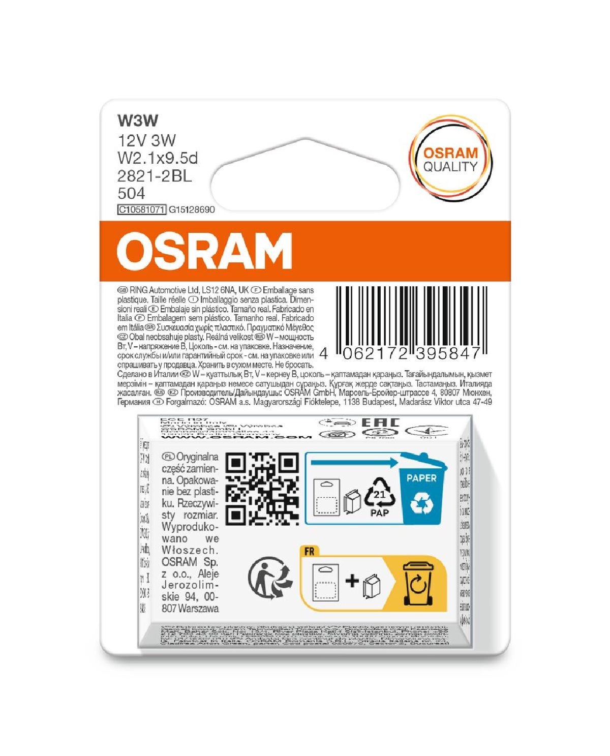OSRAM Ampoule double blister 12V 3W W 2,1x9,5d