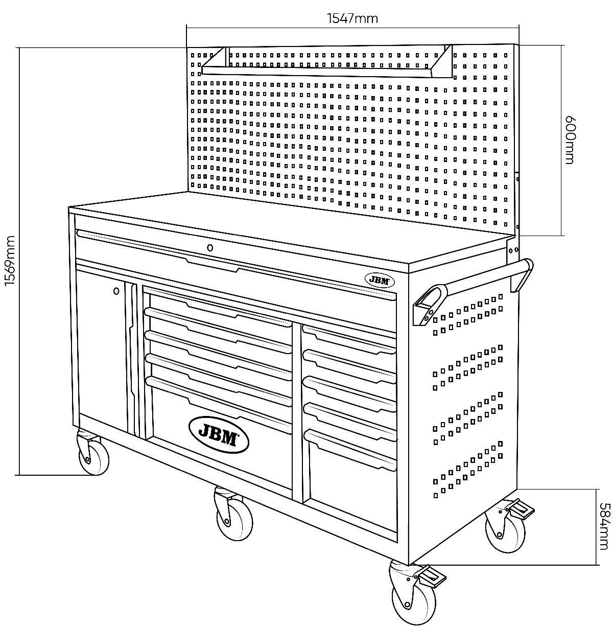 Wekrzeugwagen leer, mit 11 Schubladen und Lochwand