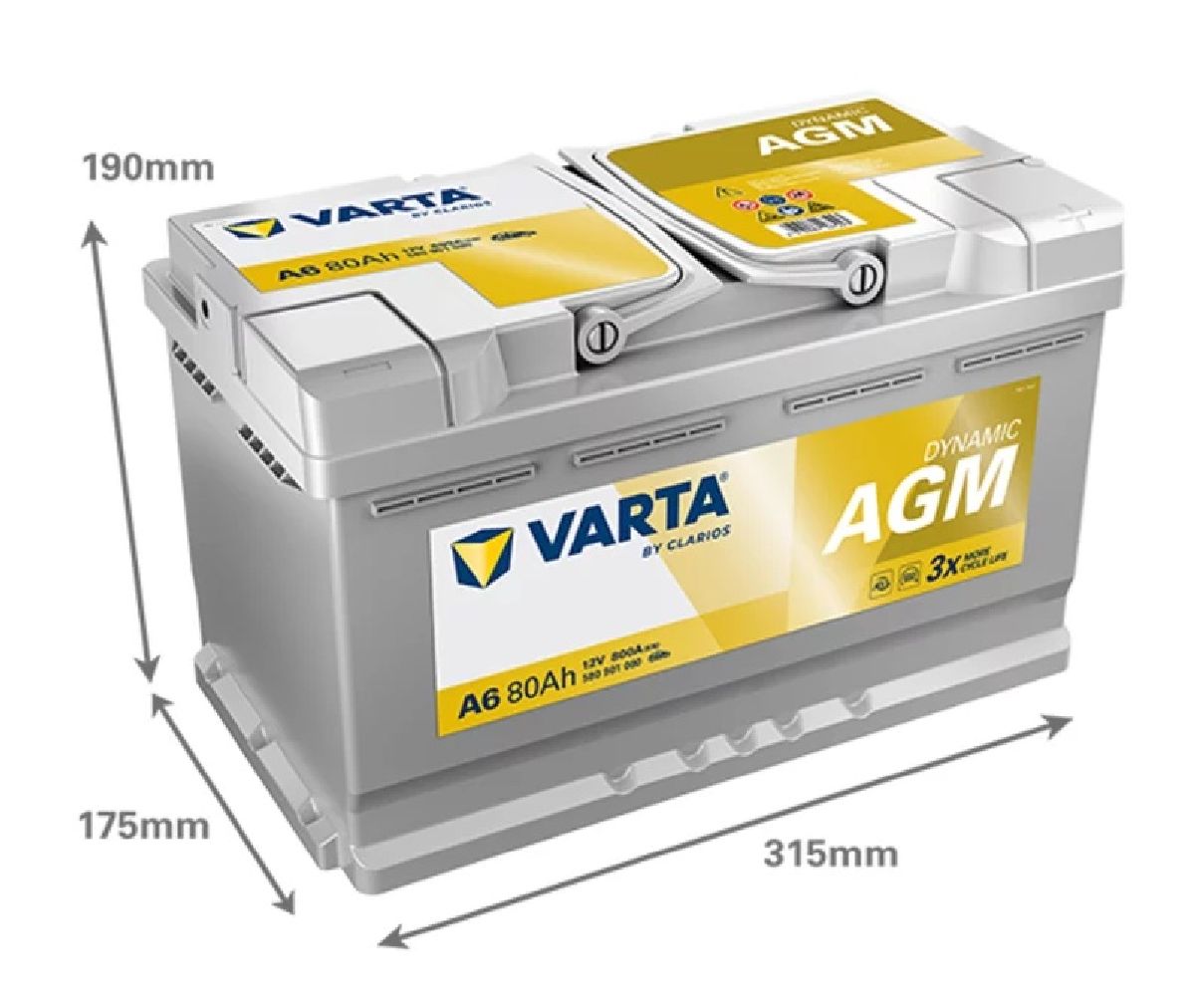 AGM-Batterie Varta 12V/80Ah/800A LxBxH 315x175x190mm/S:0