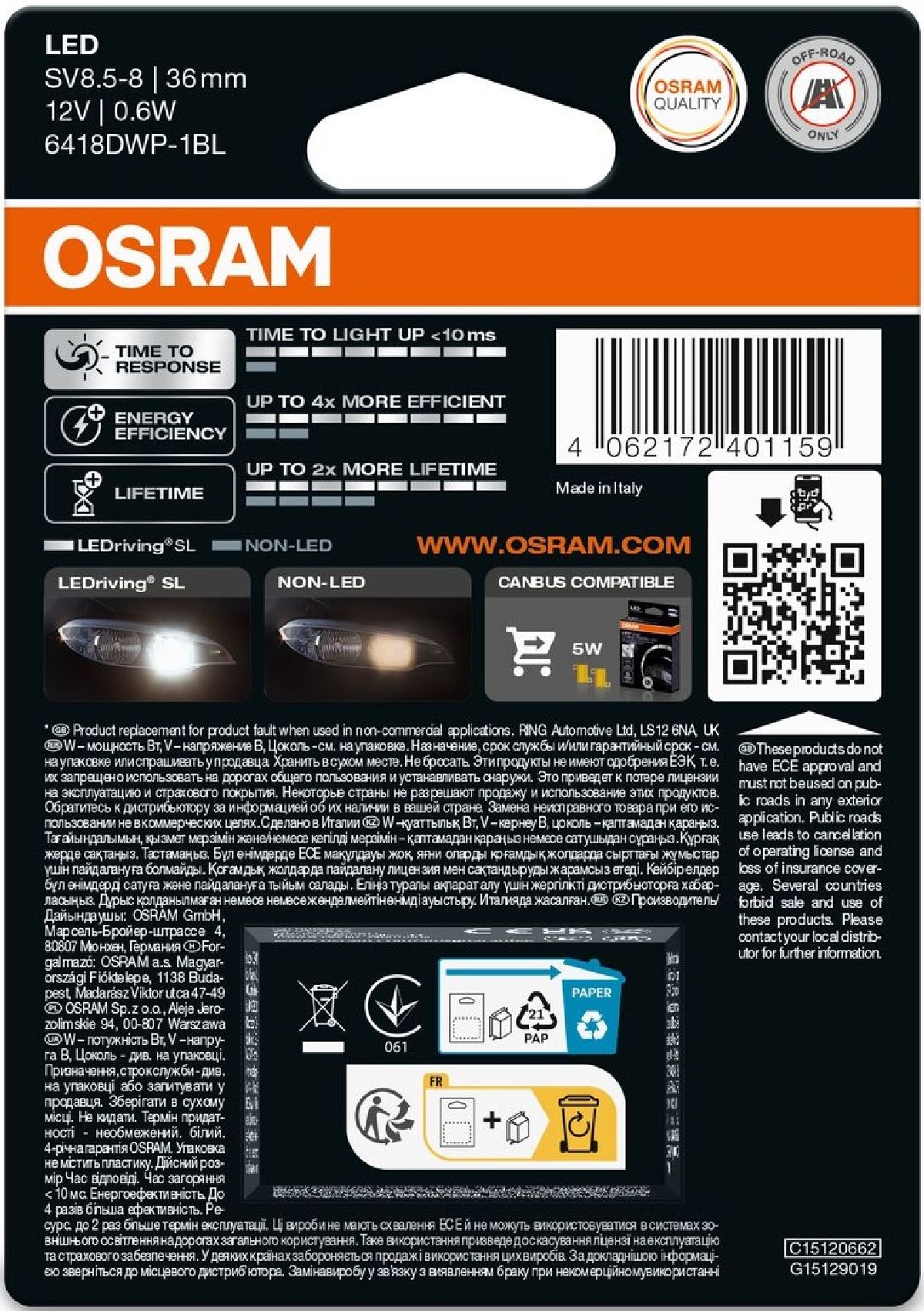 OSRAM LEDriving cool white C5W 6000K Blister 12V 0.6W/36mm