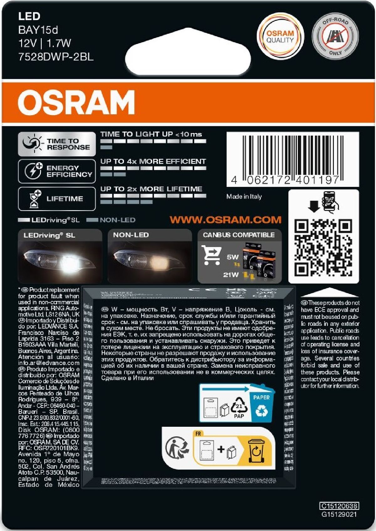 LEDriving SL White 6000K Double blister 12V P21/5W